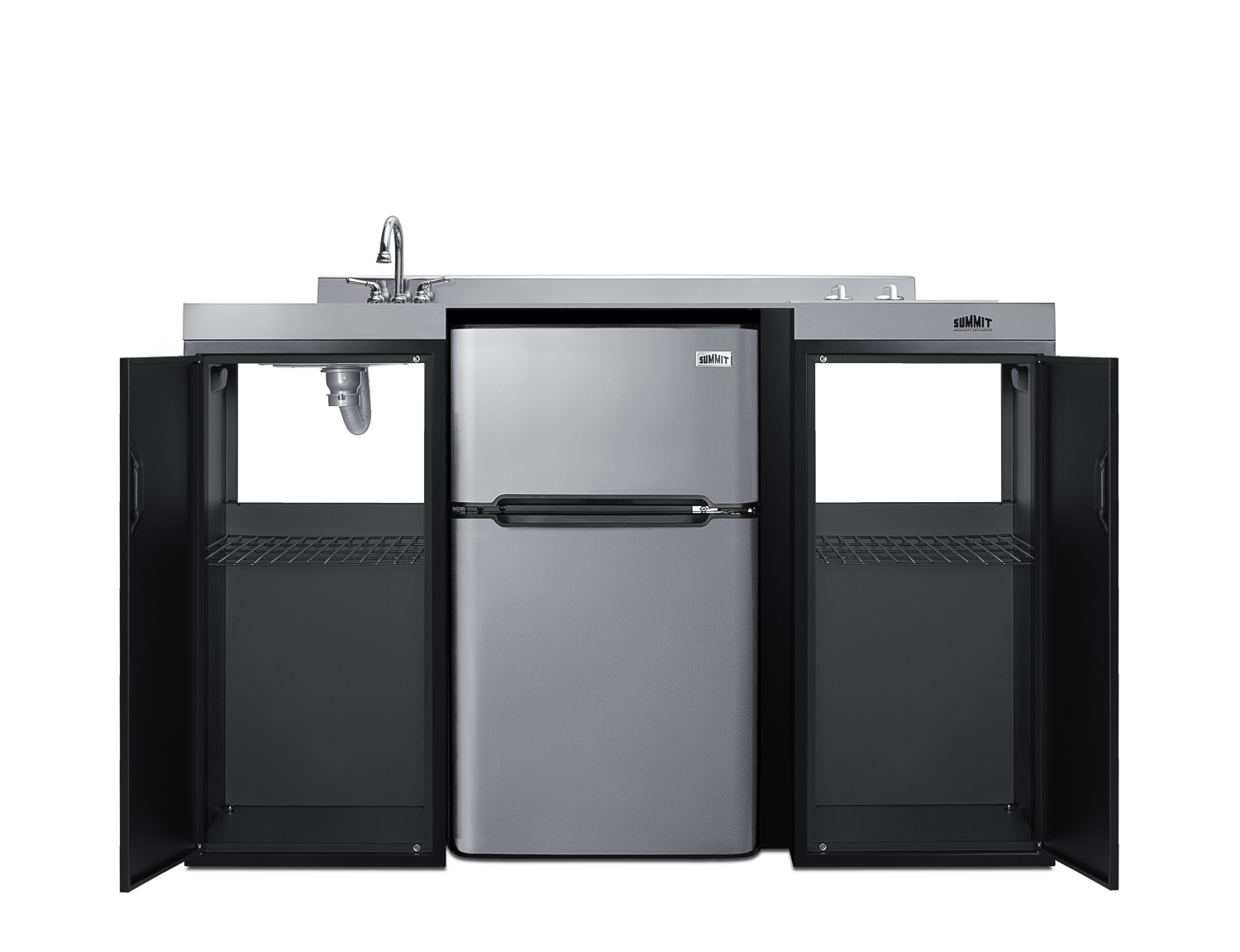54 inch wide ADA counter height all-in-one kitchenette in black with a removable 2-burner 115V smooth top cooktop, 2-door refrigerator-freezer, sink, and two storage cabinets